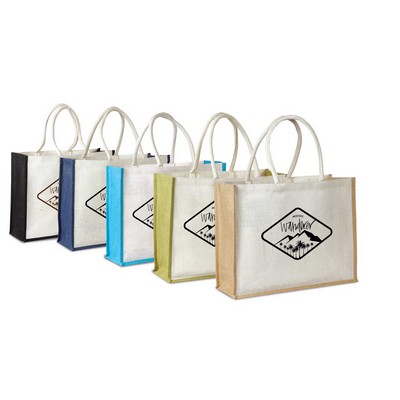 Jute Burlap Shopping Bag with Cotton Handles, Colored Gusset & Inside Zippered Pocket