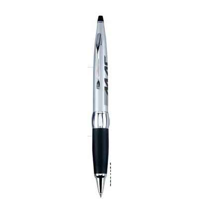 Twist Action Brass Ballpoint Pen w/ Soft Rubber Grip & Chrome Plated Trim