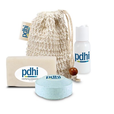 Loofah Bag Self Care Set with Mini Soap, Shower Steamer, and Lotion, Sewn-in Tag