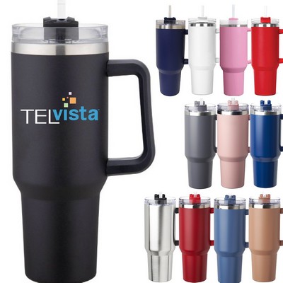 QUICK SHIP USA PRINTED 40 oz Double Wall Stainless Steel Travel Tumbler Mug w/Clear Lid and Straw