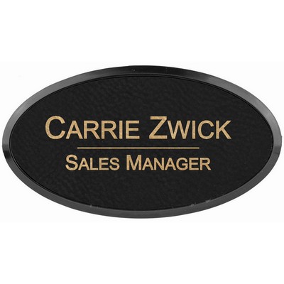 Black/Gold Laser Engraved Leatherette Oval Badge & Frame (3" x 1 1/2")