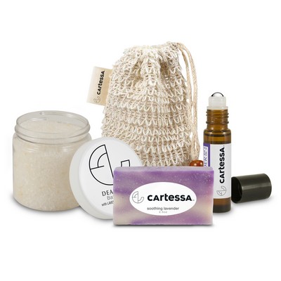 Loofah Bag with Sewn-in Tag: Bath Salts, Mini Soap, and Roll-On Essential Oil